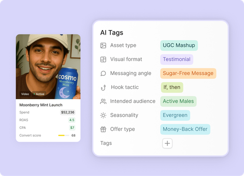 Man holding a can next to a card displaying AI tags and campaign details.